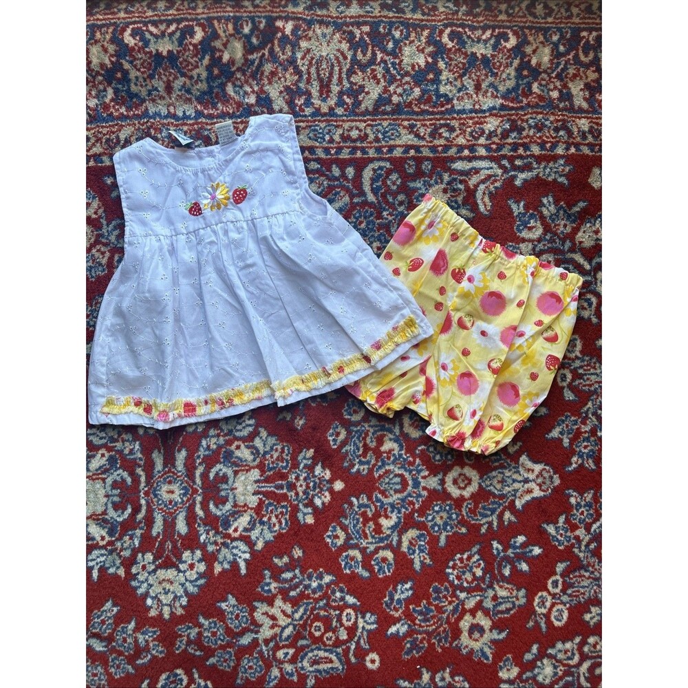 Vintage Little Lindsey 24 Mo White Yellow Strawberry Outfit Set Top Bloomer 2 Pc